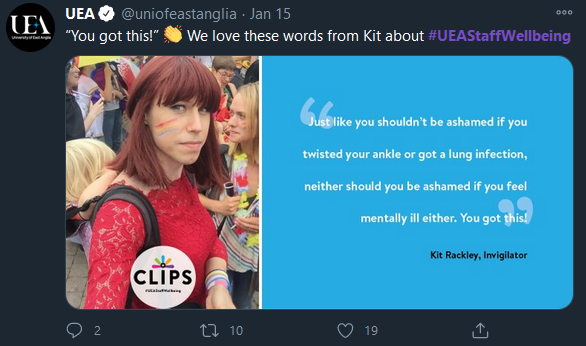 Image of Kit with a quote "Just like you shouldn't be ashamed if you twisted your ankle or got a lung infection, neither should you be ashamed if you feel mentally ill either. You got this!"