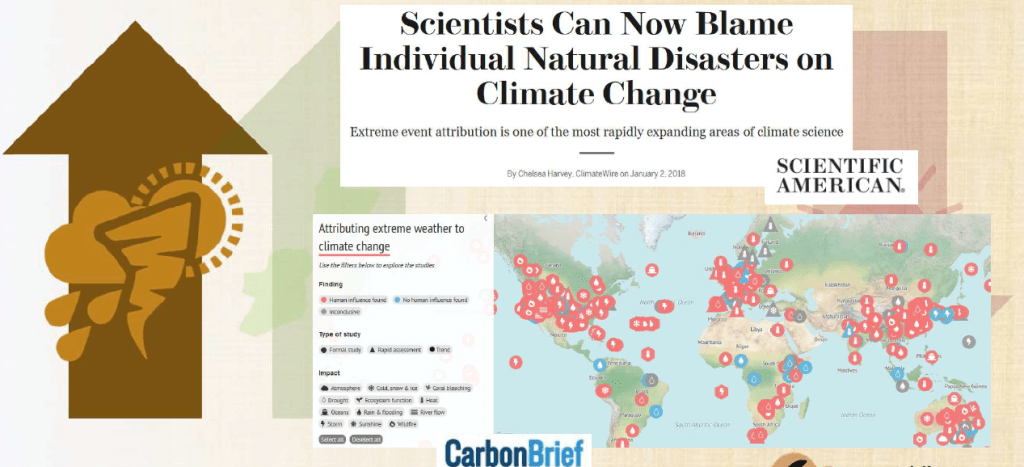 Two sources that are very good for further reading and exploration of climate attribution science are an article from Scientific American titled 'Scientists Can Now Blame Individual Natural Disasters on Climate Change' and Carbon Brief's 'Mapped: How Climate Change Affects Extreme Weather Around The World'.