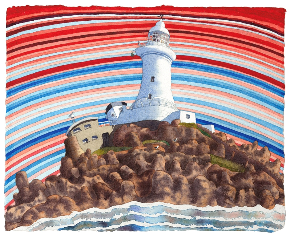 A watercolor illustration of a lighthouse perched on a rocky shoreline, with colorful climate stripes of blue and red radiating in the background, symbolizing global temperature changes.
