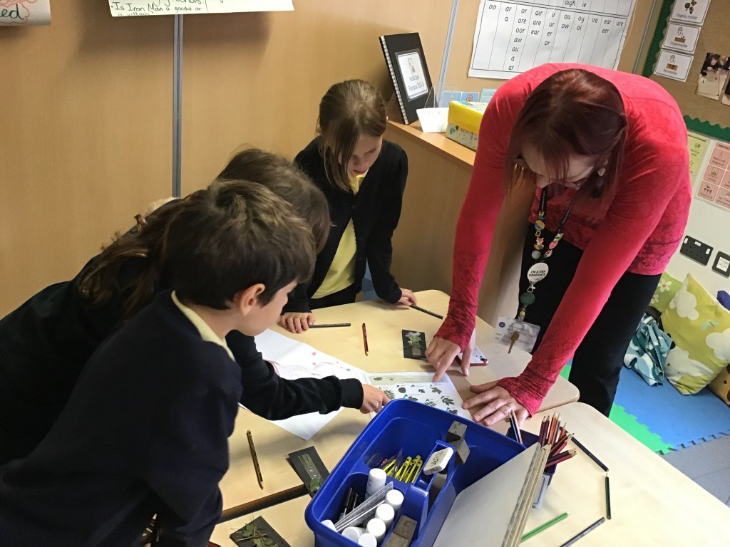 Me standing over a school desk with stationary on it pointing to a leaf identification sheet with three pupils looking at the sheet over an A3 sheet of paper with their tree design.