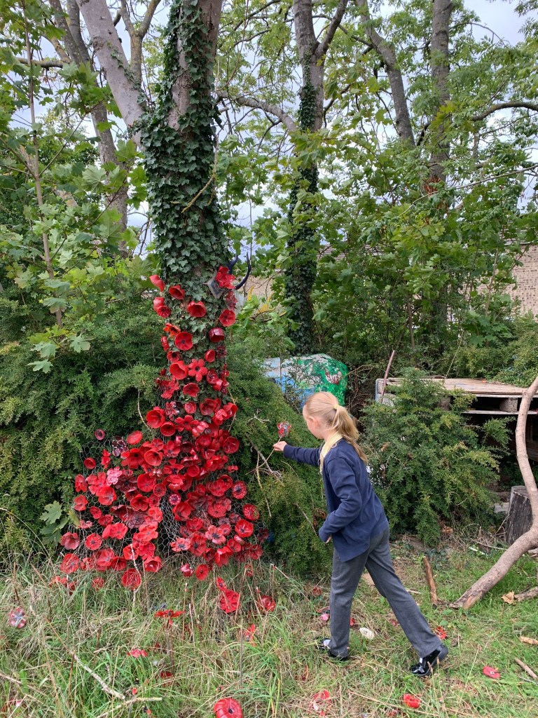 A young school pupil places a ceramic poppy into metal webbing to decorate the base of a tree