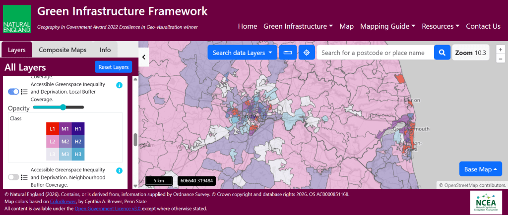 A screenshot of Natural England's Green Infrastructure Framework map explorer, showing a layer of Local-level accessible greenspace inequality. It demonstrates that even neighbouring areas have poor access to green space (in red) compared to others who have better access (in blues)