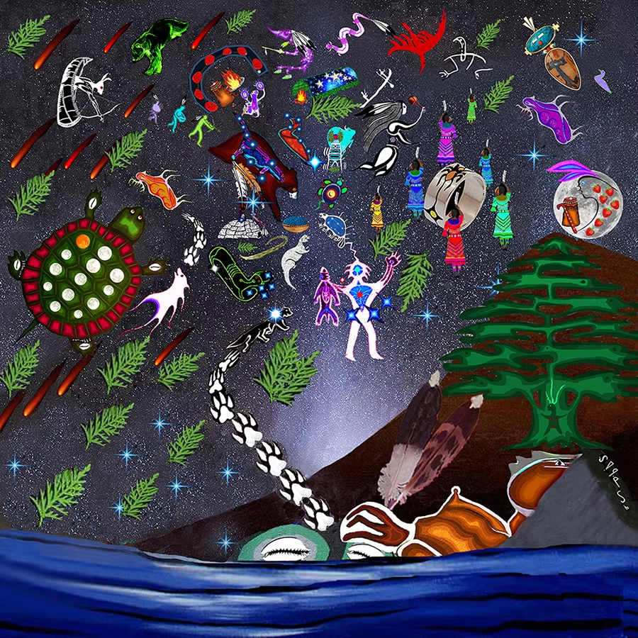 Colorful, symbolic figures, turtles, feathers, and plants float against a starry night sky over a mountainous landscape and water, evoking Indigenous and cosmic themes.