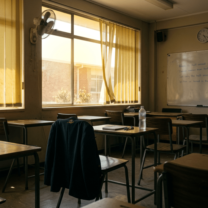 Empty classroom with wooden desks, a jacket on a chair, a notebook, pen, and water bottle on a desk